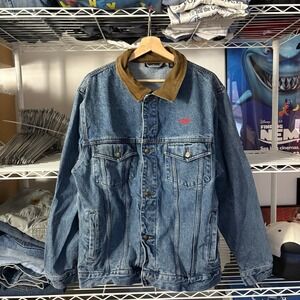 Vintage Sunbrook Mens Blue Denim Jacket Suede Collar Embroidered Logo Size L